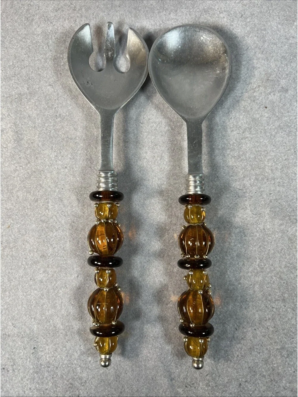 940 Vntg Set Of Ornate Amber Round Bead Gold Accent Salad Spoon Fork Metal